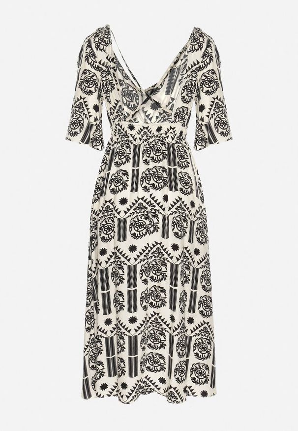 Born2be - Czarno-Kremowa Sukienka Wiskozowa Rozkloszowana z Odkrytymi Plecami w Print Boho Turaisa. Okazja: na co dzień. Typ kołnierza: dekolt w kształcie V. Kolor: czarny. Materiał: wiskoza. Długość rękawa: długi rękaw. Wzór: nadruk. Typ sukienki: proste, rozkloszowane. Styl: boho