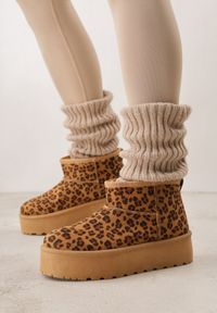 Born2be - Panterkowe Krótkie Śniegowce na Platformie Lysindra. Materiał: wełna, zamsz, jeans, futro. Sezon: zima. Obcas: na platformie. Styl: elegancki, klasyczny #1