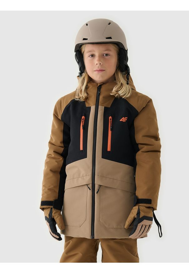4f - 4F Kurtka snowboardowa membrana 10000 chłopięca - brązowa 146 (10-11 lat). Okazja: na co dzień. Typ kołnierza: kaptur. Kolor: brązowy. Materiał: materiał, tkanina, dzianina, poliester. Wzór: gładki. Sezon: lato, zima. Styl: sportowy, klasyczny, casual