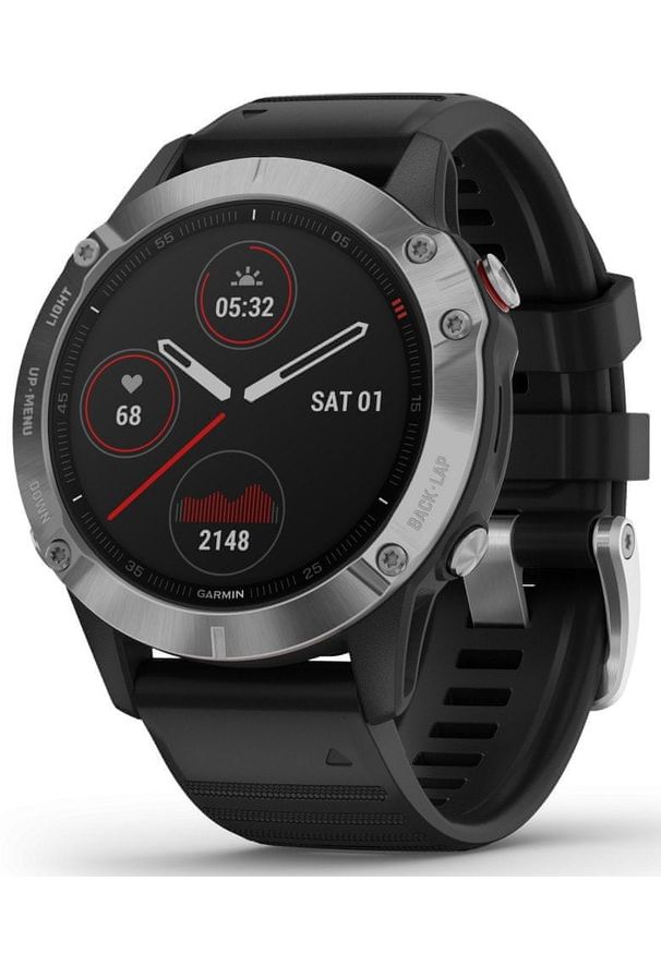 GARMIN - Garmin zegarek Fenix 6 Silver, Black band. Rodzaj zegarka: smartwatch. Kolor: czarny. Styl: militarny