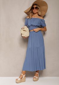 Renee - Niebieski Letni Komplet z Wiskozy z Rozkloszowaną Spódnicą i Bluzką z Hiszpańskim Dekoltem Rallissa. Kolor: niebieski. Materiał: wiskoza #1