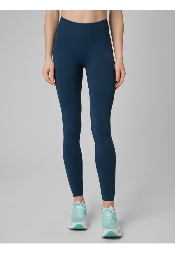 4f - 4F Legginsy treningowe bezszwowe damskie - turkusowe XS/S. Stan: podwyższony. Kolor: turkusowy. Materiał: skóra. Długość: długie. Sport: fitness