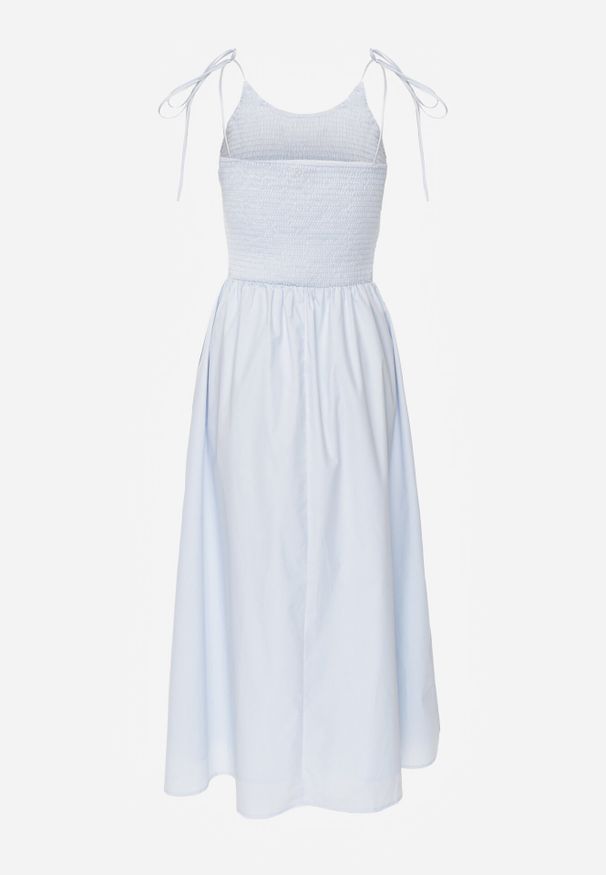 Born2be - Niebieska Bawełniana Sukienka Rozkloszowana z Elastyczną Górą i Wiązanymi Ramiączkami Nyphea. Okazja: na co dzień. Kolor: niebieski. Materiał: bawełna. Długość rękawa: na ramiączkach. Typ sukienki: proste. Styl: casual, elegancki