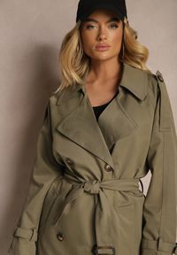 Renee - Zielony Oversizowy Płaszcz Trencz o Dwurzędowym Kroju z Paskiem Darinella. Okazja: na co dzień. Kolor: zielony. Materiał: jeans. Styl: elegancki, casual #4