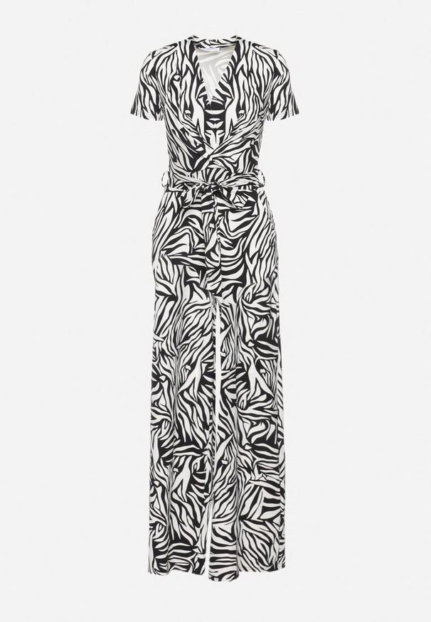 Born2be - Czarno-Biały Kombinezon o Kopertowym Kroju z Szerokimi Nogawkami Saramla. Kolor: czarny. Materiał: skóra. Styl: sportowy, klasyczny, elegancki