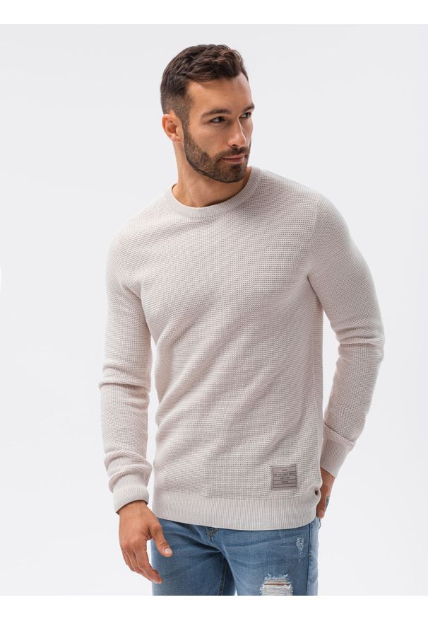Ombre Clothing - Sweter męski E185 - beżowy - XXL. Kolor: beżowy. Materiał: bawełna, akryl