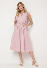 Born2be - Różowa Sukienka o Koszulowym Kroju Bez Rękawów z Wiązanym Paskiem Liriora. Okazja: na co dzień. Typ kołnierza: dekolt w kształcie V. Kolor: różowy. Długość rękawa: bez rękawów. Typ sukienki: koszulowe. Styl: casual, klasyczny #3