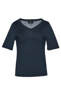 LOVLI SILK - Granatowy t-shirt z dekoltem #NO.68. Kolor: niebieski. Materiał: jedwab, jersey. Długość rękawa: długi rękaw. Długość: długie