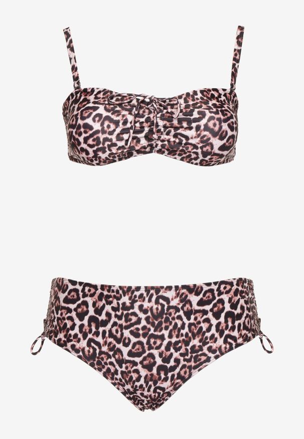 Born2be - Brązowe Bikini Biustonosz z Wiązaniem i Majtki Figi ze Ściągaczami Uloselia. Kolekcja: plus size. Kolor: brązowy. Wzór: ażurowy, motyw zwierzęcy