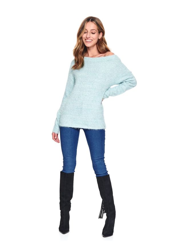 TOP SECRET - Sweter długi rękaw damski luźny. Kolor: miętowy. Materiał: tkanina. Długość rękawa: długi rękaw. Długość: długie. Sezon: wiosna