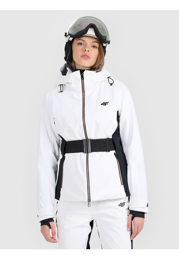 4f - 4F Kurtka narciarska membrana Dermizax 20000 z systemem RECCO damska - biała XS. Typ kołnierza: kołnierzyk stójkowy. Kolor: biały. Materiał: skóra, materiał. Wzór: nadruk. Sezon: zima