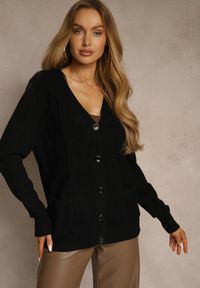 Renee - Czarny Kardigan z Bawełną i Tłoczonym Wzorem Reisina. Okazja: na co dzień. Kolor: czarny. Materiał: bawełna. Styl: casual, elegancki #4