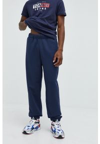 Tommy Jeans spodnie dresowe bawełniane męskie kolor granatowy z aplikacją. Kolor: niebieski. Materiał: dresówka, bawełna. Wzór: aplikacja