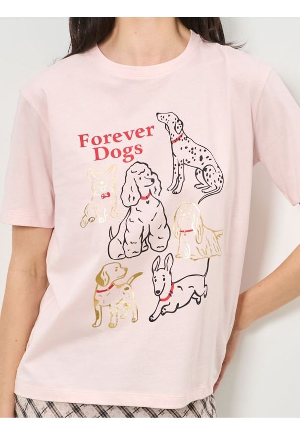 Sinsay - Bawełniana koszulka z krótkim rękawem - różowy. Kolor: różowy. Materiał: bawełna. Długość rękawa: krótki rękaw. Długość: krótkie