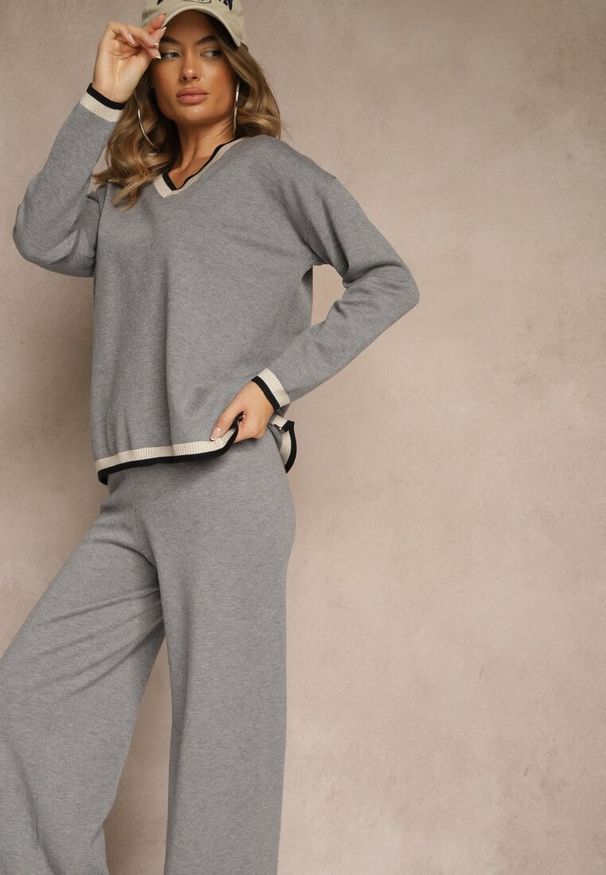 Renee - Szary Komplet Dzianinowy Sweter i Spodnie Wide Leg z Ozdobną Lamówką Ralenia. Kolor: szary. Materiał: dzianina. Wzór: aplikacja