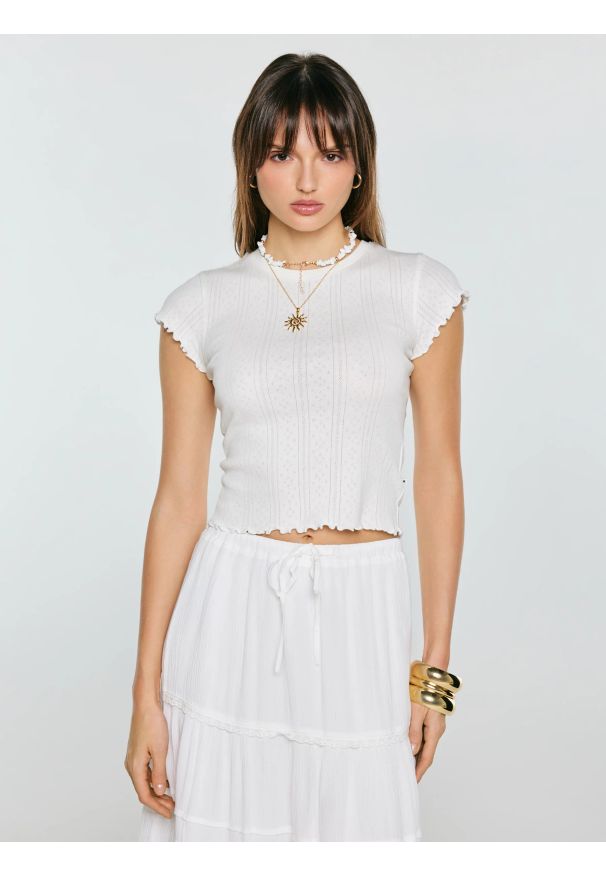 Big-Star - Koszulka damska z ażurowej dzianiny biała Alla 100. Kolor: biały. Materiał: dzianina. Wzór: ażurowy