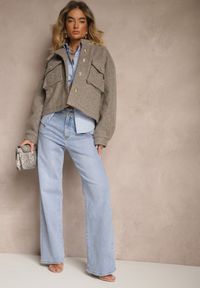 Renee - Brązowa Kurtka Utility z Kieszeniami z Klapami i Bufiastymi Rękawami Niraleen. Okazja: na co dzień. Kolor: brązowy. Materiał: jeans. Styl: casual