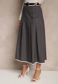Renee - Szara Spódnica High Waist z Plisami Wykończona Imitacją Kieszeni i Paskiem Evilenes. Okazja: na spotkanie biznesowe, do pracy. Stan: podwyższony. Kolor: szary. Styl: biznesowy, elegancki #4