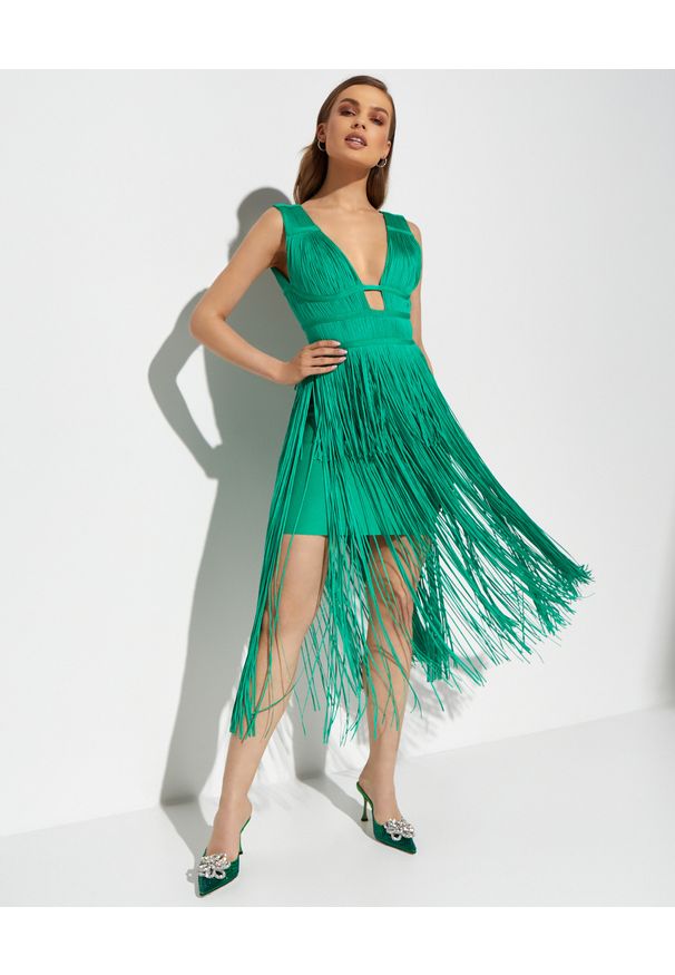 HERVE LEGER - Zielona sukienka mini Plunging. Kolor: zielony. Wzór: aplikacja. Długość: mini