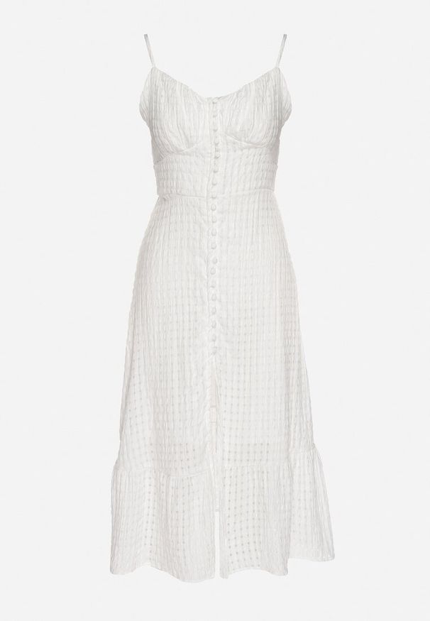 Born2be - Biała Sukienka Rozkloszowana na Ramiączkach z Guzikami z Wiskozą Efrinelle. Okazja: na co dzień. Typ kołnierza: dekolt w kształcie V. Kolor: biały. Materiał: wiskoza. Długość rękawa: na ramiączkach. Typ sukienki: rozkloszowane. Styl: casual, elegancki