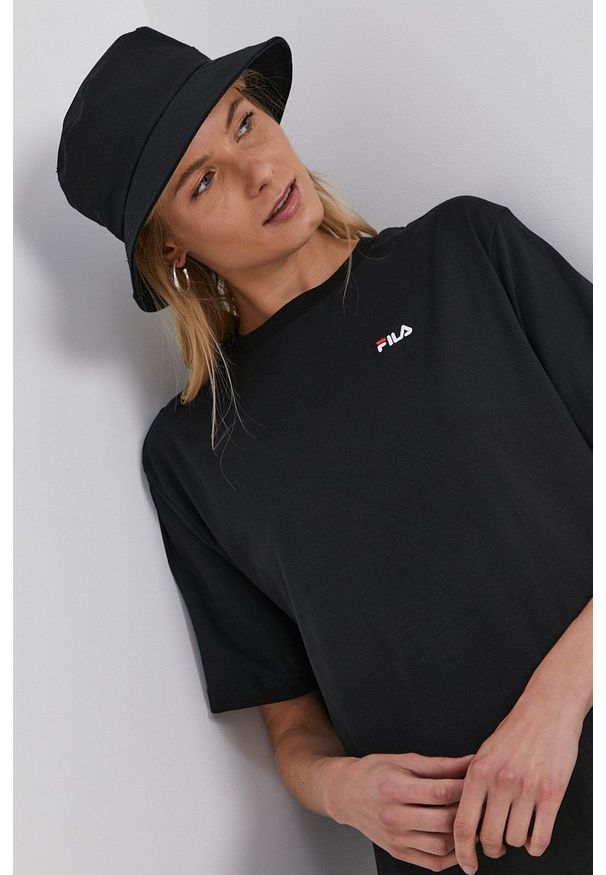 Fila Sukienka kolor czarny mini oversize. Kolor: czarny. Materiał: dzianina. Długość rękawa: krótki rękaw. Wzór: gładki. Typ sukienki: oversize. Długość: mini