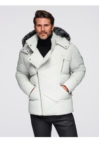Ombre Clothing - Pikowana kurtka męska o kroju ramoneski z kapturem - jasnoszara V4 - Rozmiar: M. Typ kołnierza: kaptur. Kolor: szary. Materiał: satyna, futro, poliester, materiał. Sezon: zima. Styl: klasyczny, elegancki
