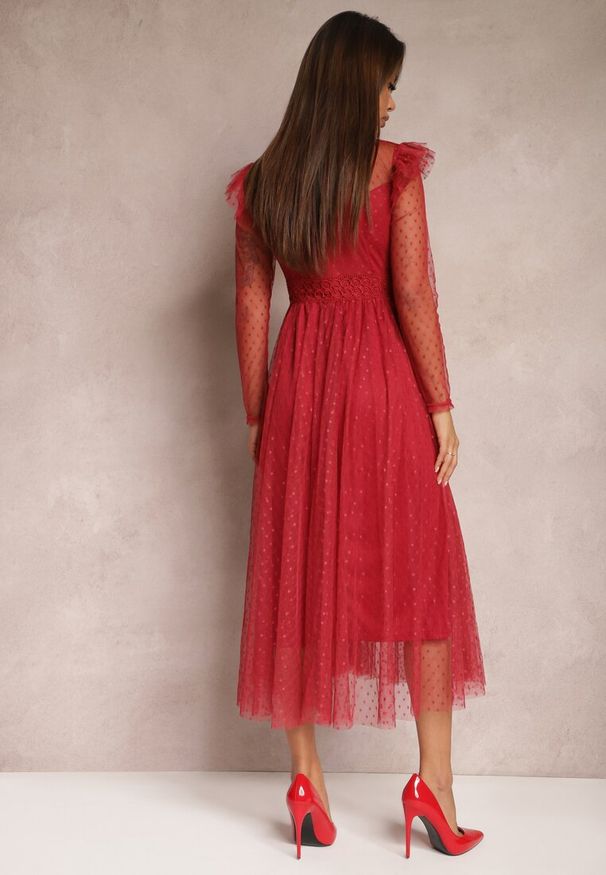 Renee - Bordowa Sukienka z Koronką i Tiulem Welvia. Kolor: czerwony. Materiał: tiul, koronka. Wzór: koronka. Typ sukienki: proste. Styl: klasyczny