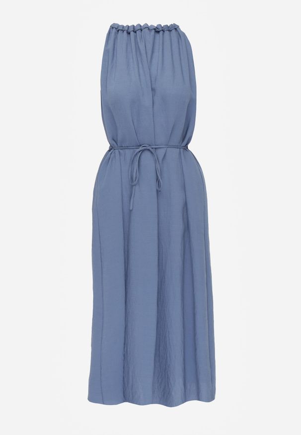 Renee - Niebieska Sukienka Bez Rękawów z Wiskozy z Ozdobnym Dekoltem i Wiązaniem w Talii Azeira. Okazja: na co dzień. Kolekcja: plus size. Kolor: niebieski. Materiał: wiskoza. Długość rękawa: bez rękawów. Typ sukienki: dla puszystych. Styl: casual