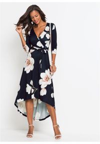 bonprix - Sukienka z dżerseju z dłuższym tyłem i wiązanym paskiem. Kolor: niebieski. Materiał: jersey. Wzór: nadruk, aplikacja #1