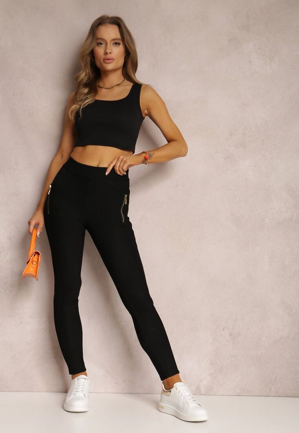 Renee - Czarne Legginsy Ialiris. Kolor: czarny. Materiał: dzianina. Długość: długie. Wzór: aplikacja. Styl: elegancki