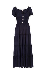 Born2be - Granatowa Sukienka z Wiskozy o Kroju Hiszpanki Ciririla. Okazja: na co dzień. Typ kołnierza: dekolt hiszpanka, kołnierz z falbankami. Kolor: niebieski. Typ sukienki: rozkloszowane. Materiał: wiskoza, materiał. Długość rękawa: krótki rękaw. Sezon: lato. Styl: casual, elegancki. Długość: midi #4