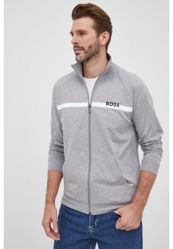 BOSS - Boss bluza bawełniana męska kolor szary z nadrukiem. Okazja: na co dzień. Kolor: szary. Materiał: bawełna. Długość rękawa: raglanowy rękaw. Wzór: nadruk. Styl: casual