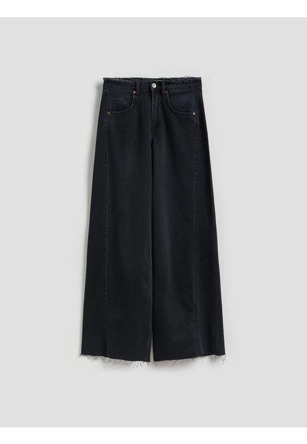 Reserved - Jeansy wide leg z rozdarciami - czarny. Kolor: czarny
