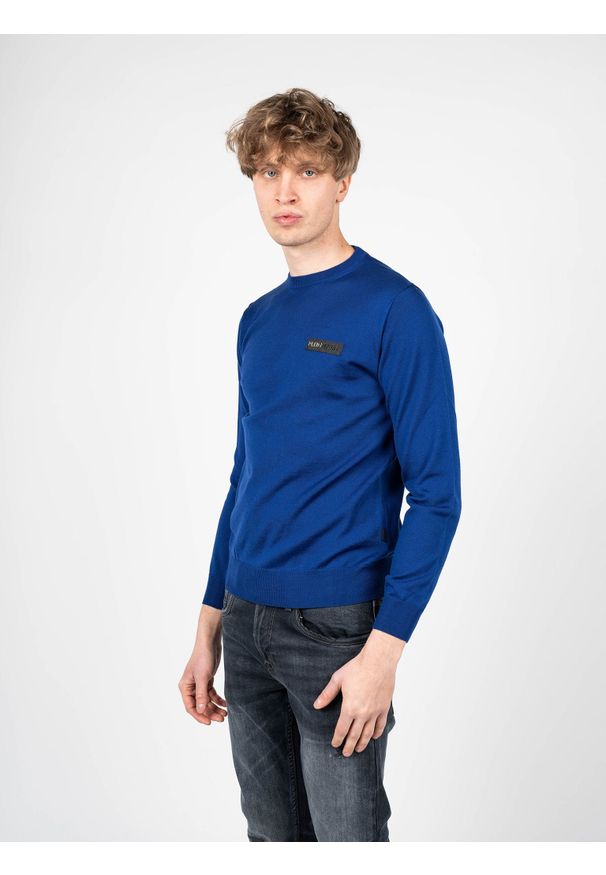 Plein Sport Sweter "Merino" | MPPS90181 | Mężczyzna | Niebieski. Okazja: na co dzień. Kolor: niebieski. Materiał: wełna. Wzór: aplikacja. Styl: sportowy