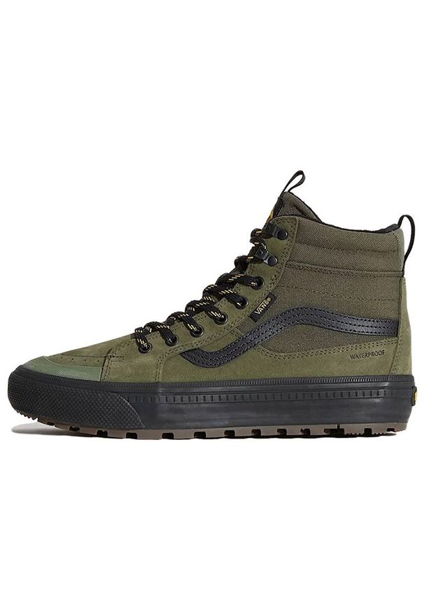 Buty męskie Vans SK8-Hi Waterproof VN000DAQ2031 - zielone. Kolor: zielony. Materiał: guma, syntetyk, skóra, materiał. Szerokość cholewki: normalna. Technologia: Primaloft. Sezon: jesień. Model: Vans SK8