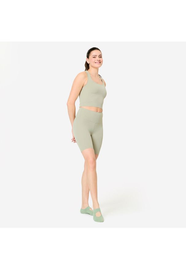 DOMYOS - Legginsy fitness damskie Domyos krótkie. Stan: podwyższony. Kolor: zielony. Materiał: poliamid, elastan, materiał. Długość: krótkie. Sport: fitness