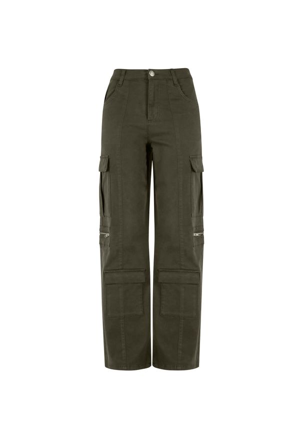 Urban Classics - Spodnie Damskie Utility Twill Stretch Loose Cargo Trousers. Kolor: zielony, wielokolorowy, brązowy