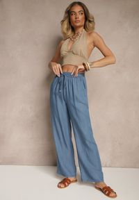 Renee - Niebieskie Spodnie z Bawełną o Szerokim Kroju High Waist z Wiązaniem Noleldi. Okazja: na co dzień. Stan: podwyższony. Kolor: niebieski. Materiał: bawełna. Styl: elegancki, casual