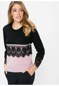 Sweter z koronkową wstawką bonprix czarno-pudrowy jasnoróżowy. Kolor: czarny. Materiał: materiał, wiskoza, poliamid #4