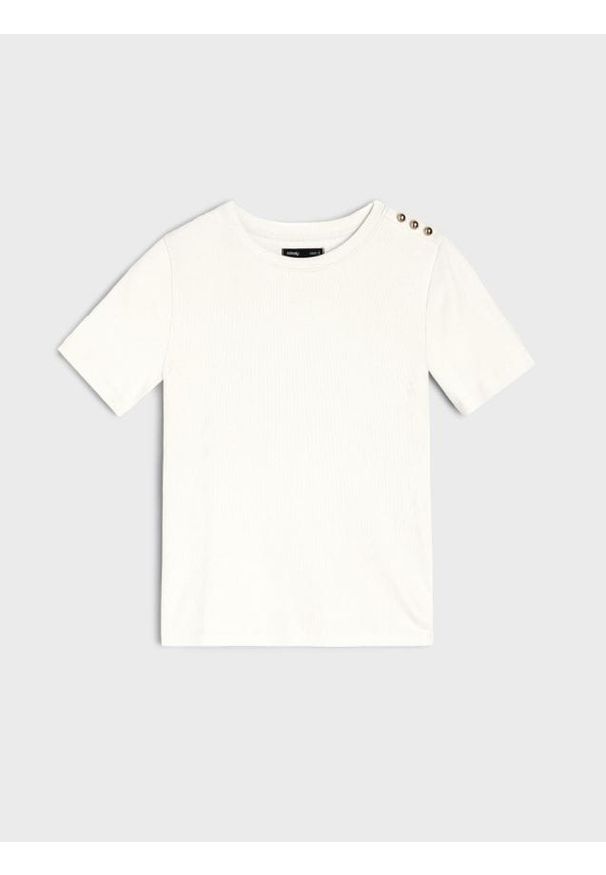 Sinsay - Koszulka z krótkim rękawem - kremowy. Kolor: kremowy. Długość rękawa: krótki rękaw. Długość: krótkie