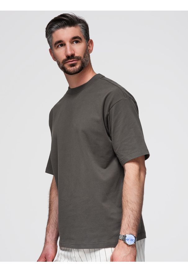 Ombre Clothing - Męski t-shirt bawełniany LOOSE FIT z okrągłym dekoltem – szarozielony V3 - Rozmiar: L. Okazja: na co dzień. Kolor: szary. Materiał: bawełna. Styl: casual, klasyczny