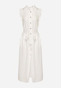 Born2be - Biała Sukienka Koszulowa o Rozkloszowanym Kroju z Wiązaniem w Pasie Mavirielle. Okazja: na co dzień. Typ kołnierza: dekolt w serek. Kolor: biały. Materiał: skóra. Długość rękawa: długi rękaw. Typ sukienki: koszulowe. Styl: casual, elegancki #5