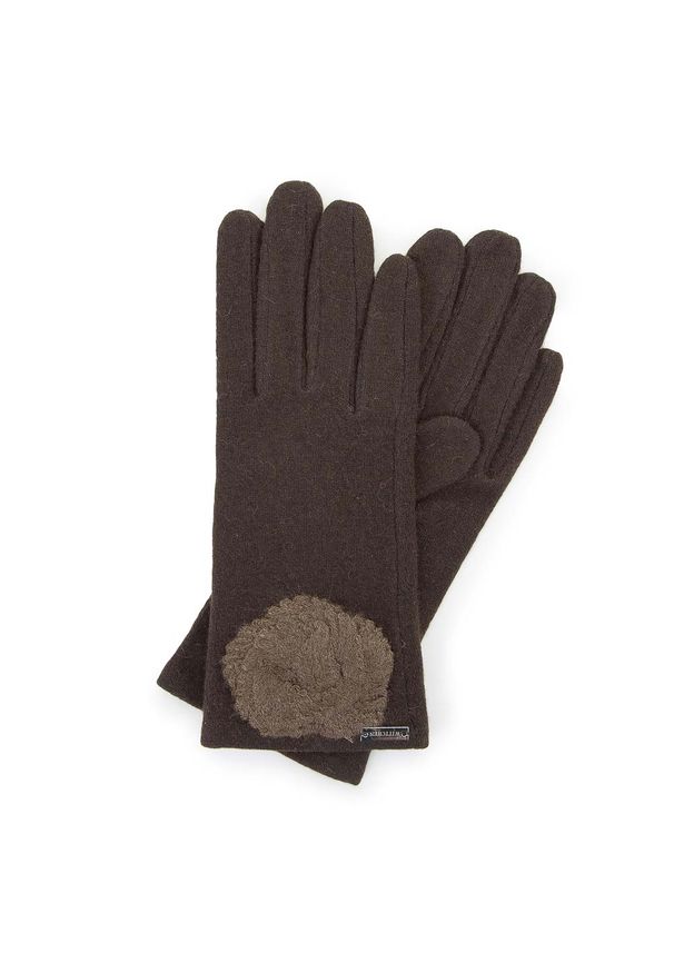 Wittchen - Damskie rękawiczki wełniane z rozetką. Kolor: brązowy. Materiał: wełna. Wzór: aplikacja. Sezon: jesień, zima