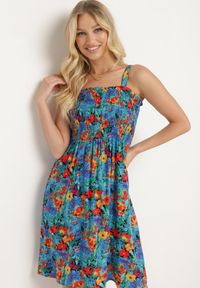 Born2be - Niebiesko-Czerwona Wiskozowa Sukienka z Gumką w Talii na Cienkich Ramiączkach z Guzikami Opelea. Okazja: na co dzień. Kolor: niebieski. Materiał: wiskoza. Długość rękawa: na ramiączkach. Sezon: lato. Styl: casual, elegancki #4