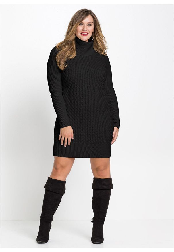 bonprix - Dopasowana sukienka dzianinowa z golfem. Typ kołnierza: golf. Kolor: czarny. Materiał: dzianina. Długość rękawa: długi rękaw. Sezon: zima. Styl: elegancki. Długość: mini