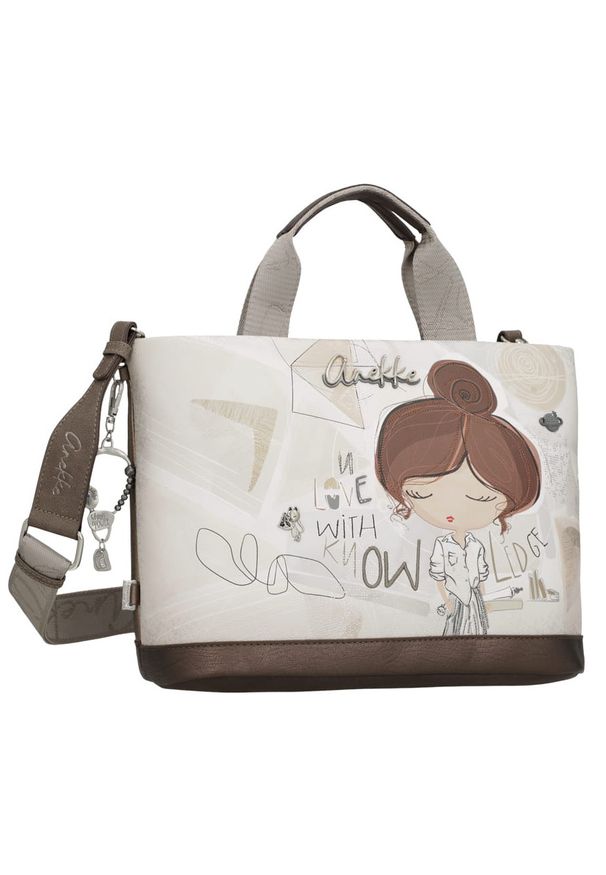 Torebka damska Anekke, z dekoracyjnym nadrukiem i metalowym logo z podwójną rączką oraz regulowanym paskiem zapinana na zamek, brązowa, 42801-222. Kolor: brązowy. Wzór: nadruk. Styl: casual, elegancki. Rodzaj torebki: na ramię