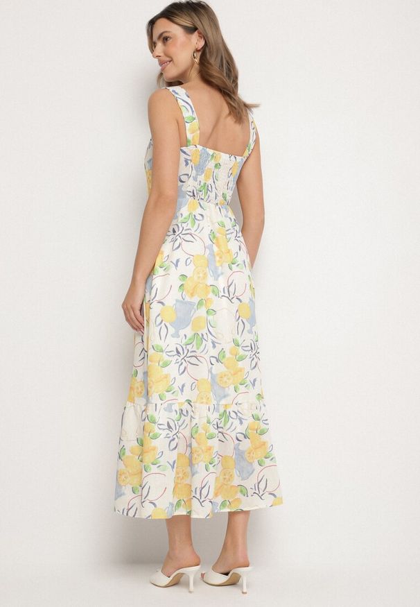 Born2be - Beżowa Sukienka z Bawełny ze Wzorem Cytryn Evitriss. Okazja: na co dzień, na spacer. Kolor: beżowy. Materiał: bawełna. Długość rękawa: na ramiączkach. Sezon: lato. Styl: klasyczny, casual