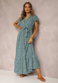 Renee - Niebieska Sukienka Hypsolis. Typ kołnierza: kokarda. Kolor: niebieski. Materiał: materiał, tkanina. Wzór: aplikacja, ażurowy, nadruk. Typ sukienki: kopertowe. Długość: maxi