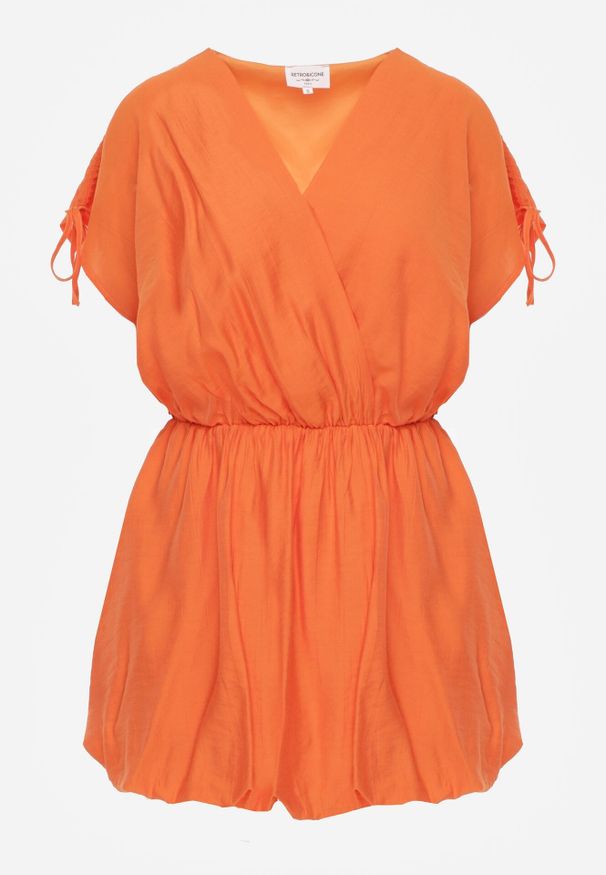 Born2be - Pomarańczowa Sukienka Typu Bombka Ozdobiona Wiązaniami przy Ramionach Cassara. Okazja: na co dzień, na spacer. Kolor: pomarańczowy. Materiał: mesh. Wzór: aplikacja. Typ sukienki: bombki. Styl: elegancki, casual