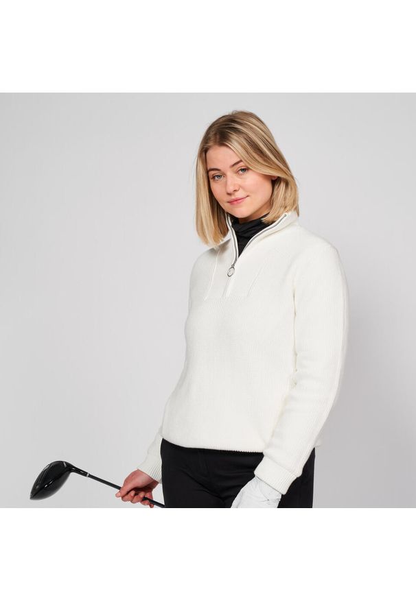 INESIS - Sweter do golfa damski Inesis MW500 wiatroszczelny. Typ kołnierza: golf. Kolor: biały. Materiał: bawełna, tkanina, poliester, materiał. Styl: sportowy